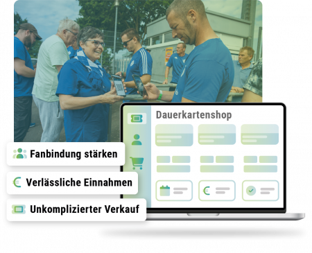 Handyscreen mit QR Code, feiernde Mannschaft mit Fans im Hintergrund