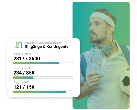 Eingang- und Kontingentebalken, sportlich angezogener Mann mit Ticket