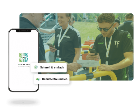 Handyscreen VT Scan & Co App, Bild von Mitarbeitern beim Tickets scannen im Hintergrund