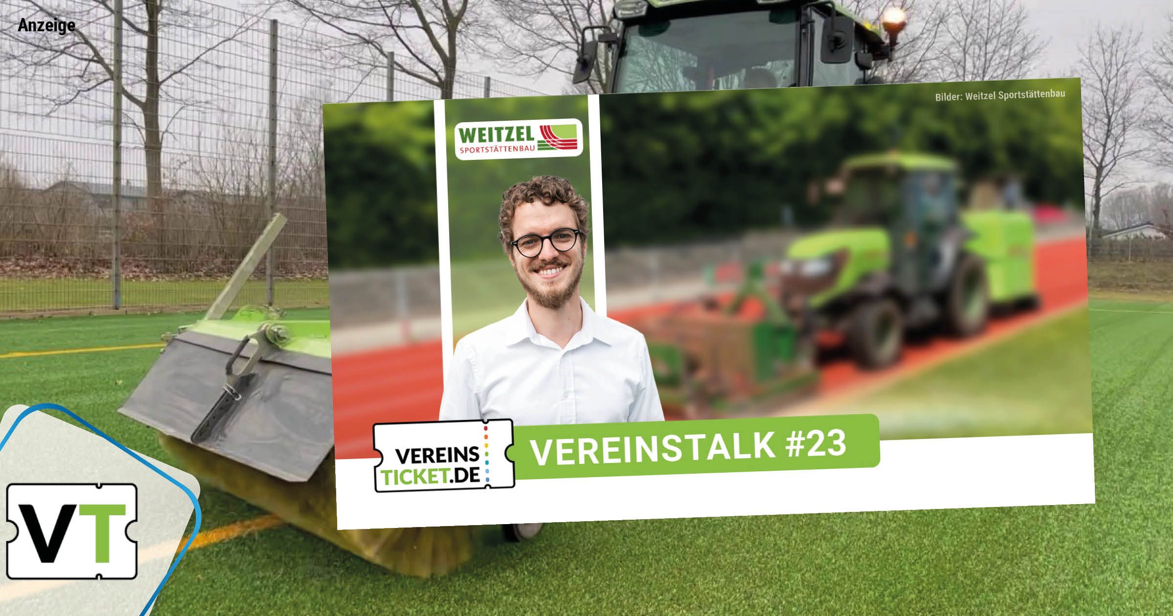 Header für Vereinstalk zum Thema Kunstrasenpflege zeigt Interviewpartner und Maschine bei Intensivreinigung