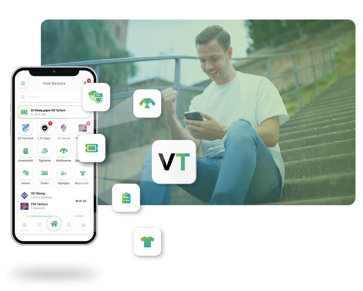 Handyscreen Vereinsticket App, sitzender Mann mit Handy im Hintergrund
