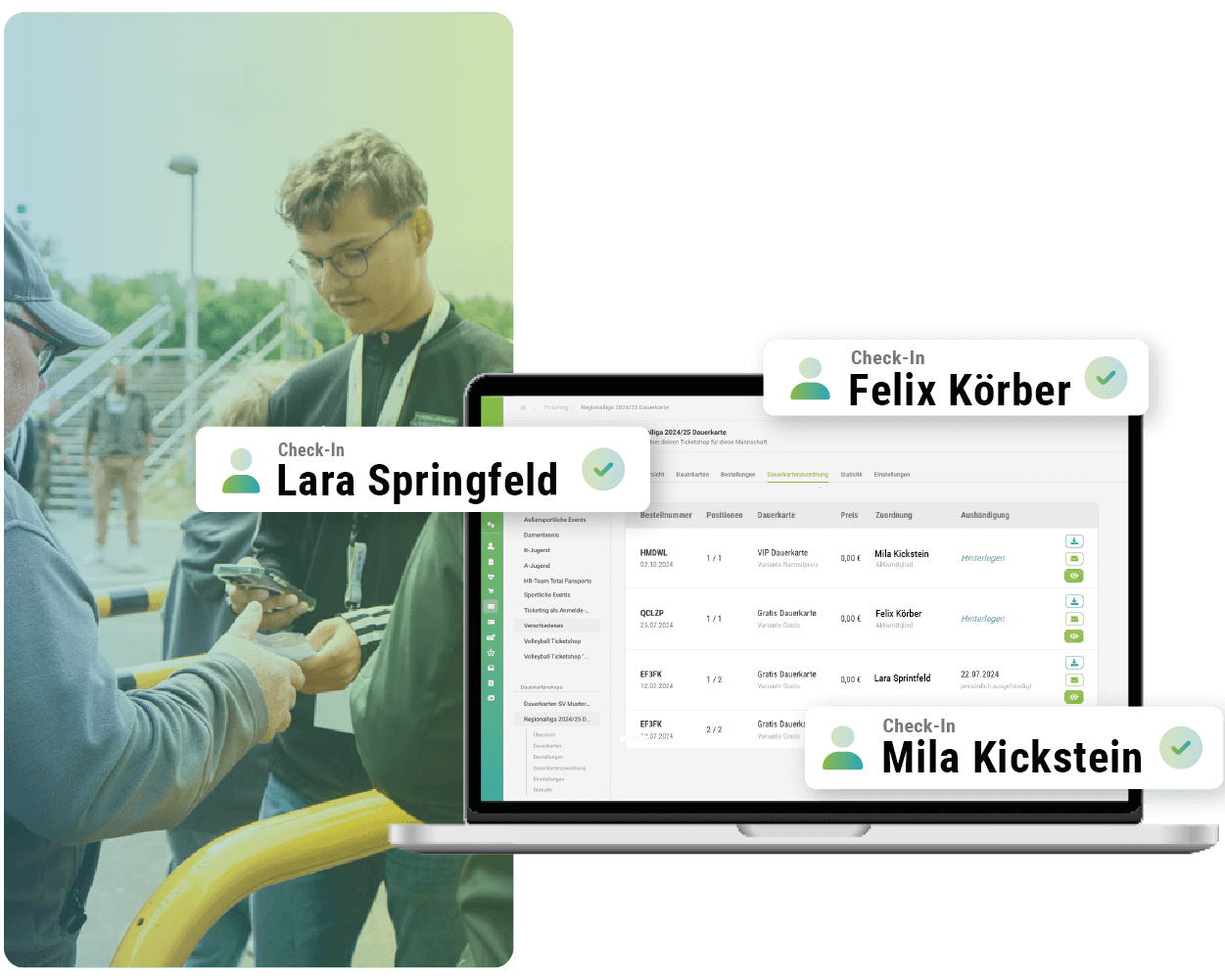 Laptopscreen von Ticketmanagement, Bild von Publikum im Hintergrund