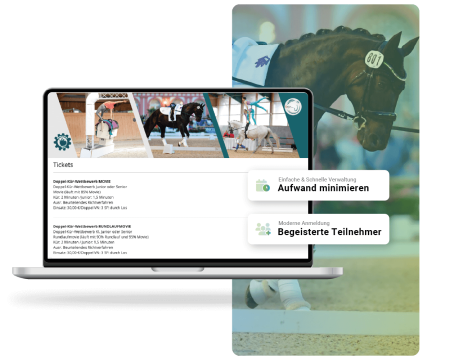 Laptopscreen Ticketshop Pferdesportverein Garching-Alztal, Pferd bei Dressur im Hintergrund